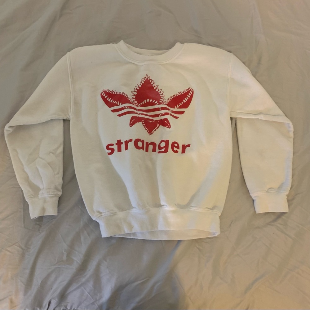 stranger things white crewneck sweatshirt! handmade stranger “adidas” crewneck